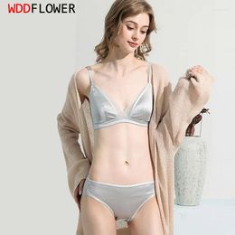 Bras Sets Women Silk Bra Set 93% Natural 7% Spandex Thin Mould Cup Wire Free With Panties Underwears Comfortable Intimates TA023