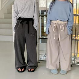 Trousers Spring Boys Girls Solid Colour Wide Leg Embroidery Children Lace-up Loose Pants Kids Bottoms