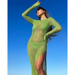 Women's Swimwear 2024 Crochet Hollow Out Slit Sexy Long Sleeve Maxi Dress Mesh Tunic Bikini Cover-ups Women Beachwear Knitted Beach Cover Up