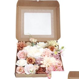 Decorative Flowers & Wreaths Romantic Champagne Rose Flowers Box Valentines Mothers Day Gift For Diy Wedding Bridal Bouquets Pink Fake Dh4Ng