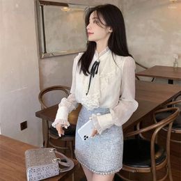 Women's Blouses Temperament Fragrant Shirt Women Ruffle Edge Standing Neck Without Tie Sweet College Girl Solid Korean Top Jacket