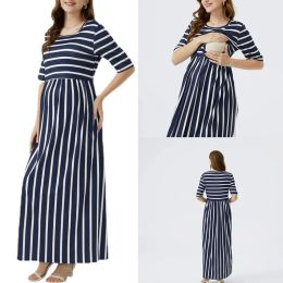 Dresses 2022 Oneck Long Sleeve Maternity Dresses Fashion Stripe Pregnant Women Clothing Nursing Long Dress