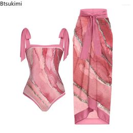 Women's Swimwear 2024 Summer One Piece Swimsuit With Skirt Print Cover Up Female Retro Holiday Beach Dress Surf Wear