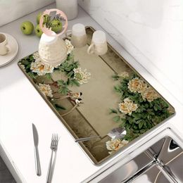 Table Mats Kitchen Rectangular Coffee Mat Dining Draining Pad Super Absorbent Pads Light Luxury Flower Plant Leaves Placemat Sink Place