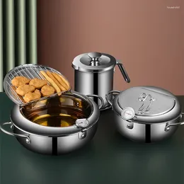 Pans 304 Stainless Steel Kitchen Tempura Fryer Pan 20 24 Cm Pots And Japanese Deep Frying Pot With A Thermometer Lid