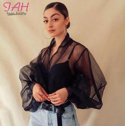 Fishnet Transparent Black Mesh Blouses Tops See Through Solid Puff Sleeve Top 2021 Summer Club Party Sexy Blouse Loose Basic Women8914697