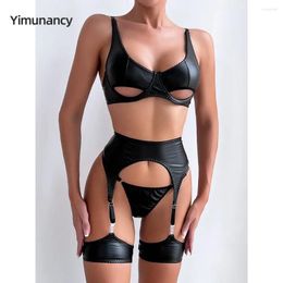 Bras Sets Yimunancy Pu Leather Cut Out Lingerie Set Women Punk Style Sexy Bra Panty Underwear Sensual Garter Kit