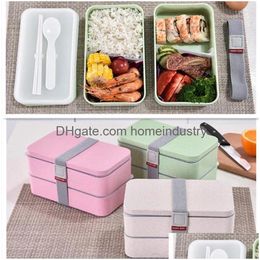Other Dinnerware Dinnerware Wheat St Double Layers Lunch Box With Spoon Microwave Storage Container Lunchbox Healthy Material Bento Bo Dhijb