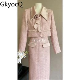 GkyocQ Korean Fashion Women Two Piece Sets Tweed Elegant and Pretty Pink Turn Down Collar Short Jacket High Waist Long Skirt 240129