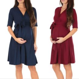 Dresses Women's Faux Wrap Maternity Dress with Adjustable Belt V Neck Breastfeeding Pregnancy Dresses Casual Nursing Dress