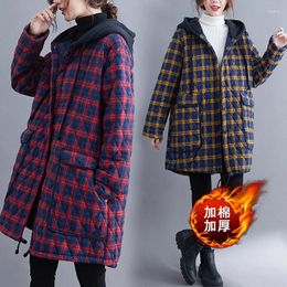 Women's Down Fashion Plus Size Cotton Padded Jacket Women Clothing Autumn Winter Coats 2024 Quilted Retro Plaid Hooded Jackets D677