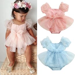 FOCUSNORM 018M Princess Baby Girls Sweet Romper Dress Short Puff Sleeve Polka Dot Mesh Lace Tutu Jumpsuits With Bowknot 240118