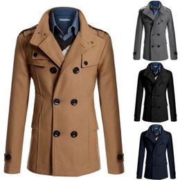 Mens Double Breasted Cotton Coat Winter Wool Blend Solid Color Casual Business Fashion Slim Trench Coat Jacket Men Clothing 240118