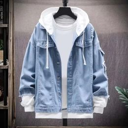 Men Hooded Denim Jacket Men's Hooded Denim Jacket with Drawstring Ripped Holes Spring Autumn Outerwear for Streetwear Style Long 240124