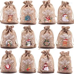 Gift Wrap 50pcs/lot Christmas Drawstring Bag Decor Cute Santa Claus Snowflake Elk Linen Storage Bags Year Party Candy Pouches