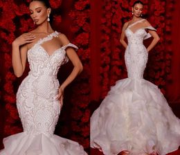 Exquisite Mermaid Wedding Dress Ruffle Train One Shoulder Lace Embroidery Beads African Bridal Gowns Vestidos De Novia