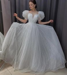 Neue Prinzessin Pailletten Hochzeit Kleid V-ausschnitt Kurze Ärmel A-Line Glänzende Braut Formale Kleider Vestido De Novia Robe De Mariage