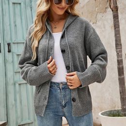 Women's Jackets Fashion Solid Colour All-match Coats Female Casual Drawstring Knitted Hooded Cardigan Autumn Simple Single-breasted Office