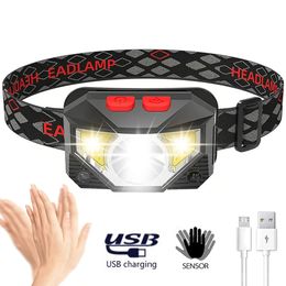 8 Modes Handfress Motion Sensor Waterproof Powerful LED Headlight Headlamp Head Lamp COB Flashlight Torch head light 240124