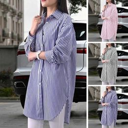 Women's Blouses 1Pc Soft Lady Loose Top Single-breasted Split Hem Women Shirt Striped Print Turn-down Collar Spring Fall For