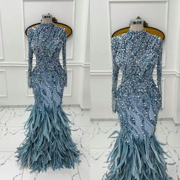 Luxuriöse blaue Meerjungfrau-Abendkleider in Sondergröße mit Feder-Perlen-Kristall, Stehkragen, Sweep-Zug, Partykleid, Robe de Soiree, Übergröße für besondere Anlässe