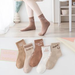 Women Socks 5Pair/Set Double Needle White For Ins Japanese Fashion Cute Smiling Middle Tube College Student