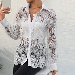 Women's Blouses Women See-through Commuting Tops T Shirt 2024 Embroidery Hollow Out Sexy Blouse Blusa Lady Temperament Solid Long Sleeve