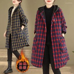 Women's Trench Coats Plaid Cotton Jacket Women Retro Temperament Casual Warmth Coat Autumn And Winter Artistic Fashion Medium Length