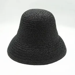 Wide Brim Hats Women Black Summer Hat Cone Top Straw UV Protection Cloche Bucket Sun Female Ribbon Band Ladies Fedora Travel