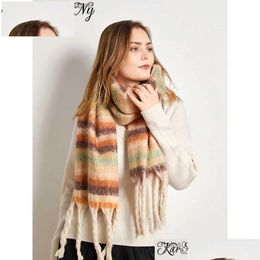 Scarves Winter Warm Thick Striped Mohair Scarf Women Boyfriend Gifts Gray Pink Vintage Tassel Long For Scarfs Drop Delivery Dhogd