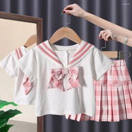 Clothing Sets Girls Clothes Set 2024 Baby Girl Jk Uniform College Style Skirt Bow Tie Plaid Pleated Two-Piece Summer Dress For