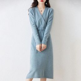 Casual Dresses Wool Knitting Women 2024 Winter Fashion Length-keen Warm& Quality Female V-neck Cloth Chinese Style Skirt