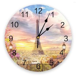 Wall Clocks Paris Tower Flowers House Building Decorative Round Clock Custom Design Non Ticking Silent Bedrooms Large