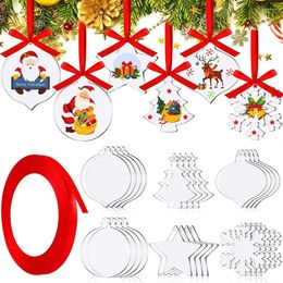 Keychains 24Pcs Clear Acrylic Christmas Ornaments Hanging Decor With Ribbon DIY Transparent Holiday Tags Decoration