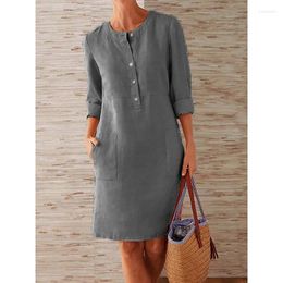 Casual Dresses Women Long Sleeve Solid Color O-neck Buttons Dress Winter Oversized Cotton Linen Ladies Loose Fit Pocket