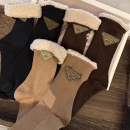 Women Socks Winter Warm Plush Soft Female Short Sock Triangle Label Fuzzy Fluffy Lamb Wool Thickened Sox Christmas Gift