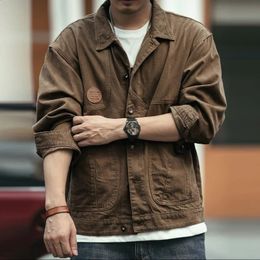 Jeans Coat for Men Wide Sleeves Denim Jackets Man Cargo Brown Vintage Large Size Winter 2023 Loose High Quality L Original Korea 240119