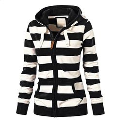 hoodies Women Striped sweatshirt Zipper coat Thicker Tops autumn Hooded Tracksuit Coat Jacket Casual Ladies Slim Jumper moletom 240123