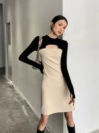 Casual Dresses Korean Style Dress Women Autumn Fashion Hollow Out Side Split Knitting Full Sleeve Knee Length Ladies Outfits Frock