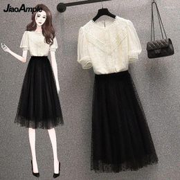 Work Dresses 2024 Summer Women Graceful Lace Mesh Shirt A-Line Skirts Two Piece Set Ladies Korean Fashion Puff Sleeve Tops Black Skirt