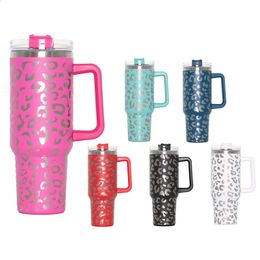 40oz Trendy Leopard Design Tumbler with Handle Straw Lid Vacuum Stainless Steel Water Bottle Thermos Cup Reusable Travel Mug 240124