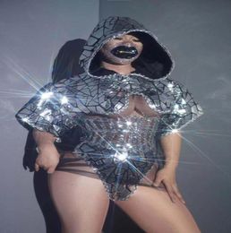 Hip Hop Rock Nightclub Stage Wear Silver Black Sequins Faux Mirror Hooded Cloak Shorts Belt OutfitSet Bar Party Show Singer Dance91851112