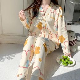 Women's Sleepwear Autumn Winter Women Pyjamas Sets Faux Cotton Long Sleeves Home Casual V-neck Sweet Loose Causal Lapel