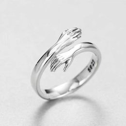 Band Rings S925 Sterling Silver Small Fresh Love Embracing Womens Hands Ring with Adjustable Opening 3o3n