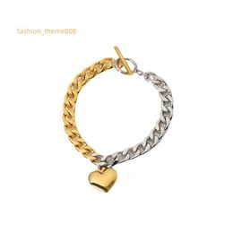 Custom Daily Wear 18K gold plated stainless steel chain half steel color Cuban flat chain splicing heart-shaped bracelet