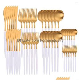 Dinnerware Sets 48Pcs White Gold Cutlery Set Matte Stainless Steel Dinner Forks Knives Tea Spoons Golden Tableware Drop Drop Delivery Dhoex