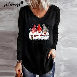 Women's T Shirts Clothing 2024 Fashion Casual Funny Cute Cartoon Print Christmas T-shirts Female Y2K V Neck Long Sleeve Loose Tunic Tops