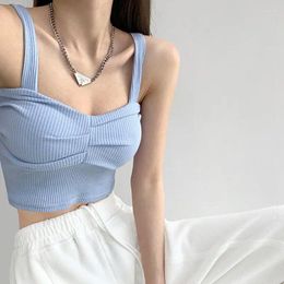 Women's Tanks SABINAX Summer Sexy Solid Pleated Suspender Vest Knitted Outer Wear Sleeveless Leggings Top Casual High-street Crop Tops