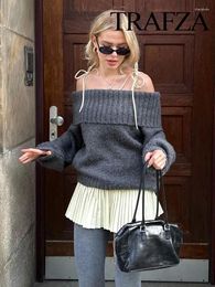 Women's Sweaters TRAFZA Autumn Sexy One Shoulder Lapel Casual Sweater Fashion Long Sleeve Knitted Folding Slim Pullover Chic Top