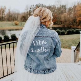 Mrs Denim Jacket with Pearls Personalised Jean Jacket Bride Jacket Wedding Jacket Gift For Bride Just Married Jacket 240201